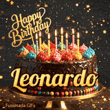 Lit birthday candles on a chocolate drip cake decorated with sprinkles and a gold glitter sign, made for Leonardo.