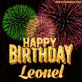 Wishing You A Happy Birthday, Leonel! Best fireworks GIF animated greeting card.