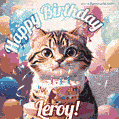 Happy birthday gif for Leroy with cat and cake