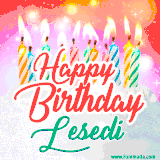 Bright birthday candles with rainbow flames on a cake, alongside the text 'Happy Birthday Lesedi' in vibrant script in this celebratory animated GIF.