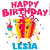 A vibrant and funny gift box character with a happy face dancing with a cupcake and the text 'Happy Birthday Lesia,' surrounded by animated confetti and party vibes.