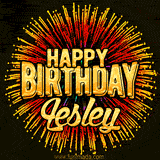 Golden 'Happy Birthday Lesley' text accompanied by animated rainbow fireworks for a festive animated greeting.