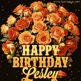 Animated bouquet of orange roses with moving butterfles and golden 'Happy Birthday Lesley' text, surrounded by sparkling accents and a dark backdrop for a luxurious feel.