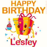 A vibrant and funny gift box character with a happy face dancing with a cupcake and the text 'Happy Birthday Lesley,' surrounded by animated confetti and party vibes.