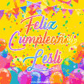 A bright and festive GIF with the text 'Feliz Cumpleaños Lesli' in Spanish in colorful fonts, surrounded by confetti, balloons, and festive banners on a vibrant yellow background.