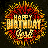 Golden 'Happy Birthday Lesli' text accompanied by animated rainbow fireworks for a festive animated greeting.