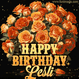 Animated bouquet of orange roses with moving butterfles and golden 'Happy Birthday Lesli' text, surrounded by sparkling accents and a dark backdrop for a luxurious feel.