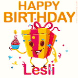 A vibrant and funny gift box character with a happy face dancing with a cupcake and the text 'Happy Birthday Lesli,' surrounded by animated confetti and party vibes.