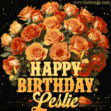 Animated bouquet of orange roses with moving butterfles and golden 'Happy Birthday Leslie' text, surrounded by sparkling accents and a dark backdrop for a luxurious feel.