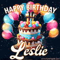 Hand-drawn happy birthday cake adorned with an arch of colorful balloons - name GIF for Leslie