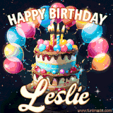 Bright birthday animation for Leslie with a chocolate cake, candles, balloons, and glowing celebratory lights.