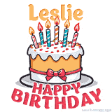 Cartoon birthday cake with a red bow, glowing candles, and 'Leslie Happy Birthday' text in bold animated style.