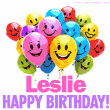 Animated colorful and joyful birthday balloons with cheerful smiles and a bright 'Happy Birthday Leslie!' message in pink and purple.