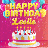 Pink-themed animated greeting with balloons, confetti, and a frosted cake under the message 'Happy Birthday Leslie' in bold rounded yellow font.
