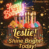 Multi-colored dollops of frosting and burning birthday candles on a chocolate glaze cake, custom-designed for Leslie.