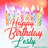Bright birthday candles with rainbow flames on a cake, alongside the text 'Happy Birthday Lesly' in vibrant script in this celebratory animated GIF.