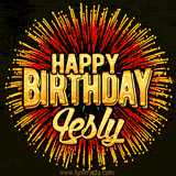 Golden 'Happy Birthday Lesly' text accompanied by animated rainbow fireworks for a festive animated greeting.