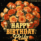 Animated bouquet of orange roses with moving butterfles and golden 'Happy Birthday Lesly' text, surrounded by sparkling accents and a dark backdrop for a luxurious feel.