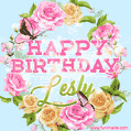 A charming animated GIF featuring 'Happy Birthday Lesly' in pink and green text, surrounded by delicate roses, leaves, and fluttering butterflies on a soft light blue pastel background.