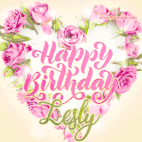 A stunning heart made of pink roses surrounds the elegant script text 'Happy Birthday Lesly' on a soft beige background. Animated sparkles add a magical and festive feel.