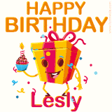 A vibrant and funny gift box character with a happy face dancing with a cupcake and the text 'Happy Birthday Lesly,' surrounded by animated confetti and party vibes.