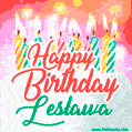 Bright birthday candles with rainbow flames on a cake, alongside the text 'Happy Birthday Lesława' in vibrant script in this celebratory animated GIF.