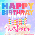A vibrant animated name GIF with the words 'Happy Birthday Lesława' with colorful candles on a creamy cake. The background sparkles with pastel shades, adding a festive touch.