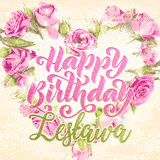 A stunning heart made of pink roses surrounds the elegant script text 'Happy Birthday Lesława' on a soft beige background. Animated sparkles add a magical and festive feel.