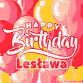 A vibrant name GIF featuring colorful balloons in shades of pink, orange, and yellow with the bold text 'Happy Birthday Lesława' in festive fonts, creating a lively birthday vibe.