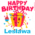 A vibrant and funny gift box character with a happy face dancing with a cupcake and the text 'Happy Birthday Lesława,' surrounded by animated confetti and party vibes.