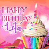 A vibrant birthday GIF featuring a rainbow-colored cupcake topped with white frosting, sprinkles, and a lit candle. The text reads 'Happy Birthday Leta' in bold pink and violet letters with white outline.