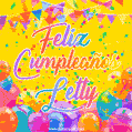A bright and festive GIF with the text 'Feliz Cumpleaños Letty' in Spanish in colorful fonts, surrounded by confetti, balloons, and festive banners on a vibrant yellow background.