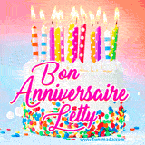 A white birthday cake covered in colorful sprinkles, topped with bright candles, and French text 'Bon Anniversaire Letty' on a pastel gradient background in an animated GIF.