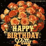 Animated bouquet of orange roses with moving butterfles and golden 'Happy Birthday Letty' text, surrounded by sparkling accents and a dark backdrop for a luxurious feel.