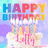 A vibrant animated name GIF with the words 'Happy Birthday Letty' with colorful candles on a creamy cake. The background sparkles with pastel shades, adding a festive touch.
