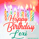 Bright birthday candles with rainbow flames on a cake, alongside the text 'Happy Birthday Lexi' in vibrant script in this celebratory animated GIF.