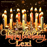 A glowing personalized birthday GIF with name Lexi featuring lit candles with intricate designs, warm lighting, and the text 'Happy Birthday' in an elegant font.