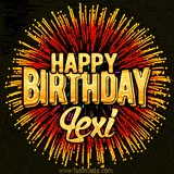 Golden 'Happy Birthday Lexi' text accompanied by animated rainbow fireworks for a festive animated greeting.