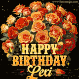 Animated bouquet of orange roses with moving butterfles and golden 'Happy Birthday Lexi' text, surrounded by sparkling accents and a dark backdrop for a luxurious feel.