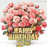 Golden 'Happy Birthday Lexi' text beneath a vibrant bouquet of orange roses, complete with glittering butterflies and sparkling details.