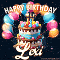 Hand-drawn happy birthday cake adorned with an arch of colorful balloons - name GIF for Lexi