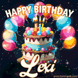 Bright birthday animation for Lexi with a chocolate cake, candles, balloons, and glowing celebratory lights.