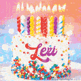 Personalized for Lexi elegant birthday cake adorned with rainbow sprinkles, colorful candles and glitter