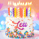 A cheerful white birthday cake with multicolor sprinkles, lit candles, and 'Lexi' written in vibrant letters, in an animated GIF.