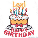 Cartoon birthday cake with a red bow, glowing candles, and 'Lexi Happy Birthday' text in bold animated style.