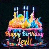 A mesmerizing animated cake with multicolor frosting and candles, and the words 'Happy Birthday Lexi' on the black background.