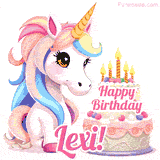 An adorable animated unicorn with soft pastel colors sits beside a birthday cake with glowing candles, and a pink 'Happy Birthday Lexi!' words.