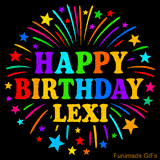 Personalized greeting card with name, colorful text that says 'Happy Birthday Lexi' surrounded by animated fireworks and multicolor stars