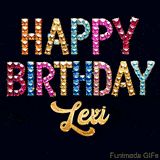 Vibrant luxury birthday greeting card for Lexi, showing glittering gemstone letters and golden calligraphy on a dark background with twinkling shine effects.