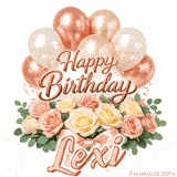 Elegant animated Happy Birthday Lexi image featuring soft pink roses and balloons